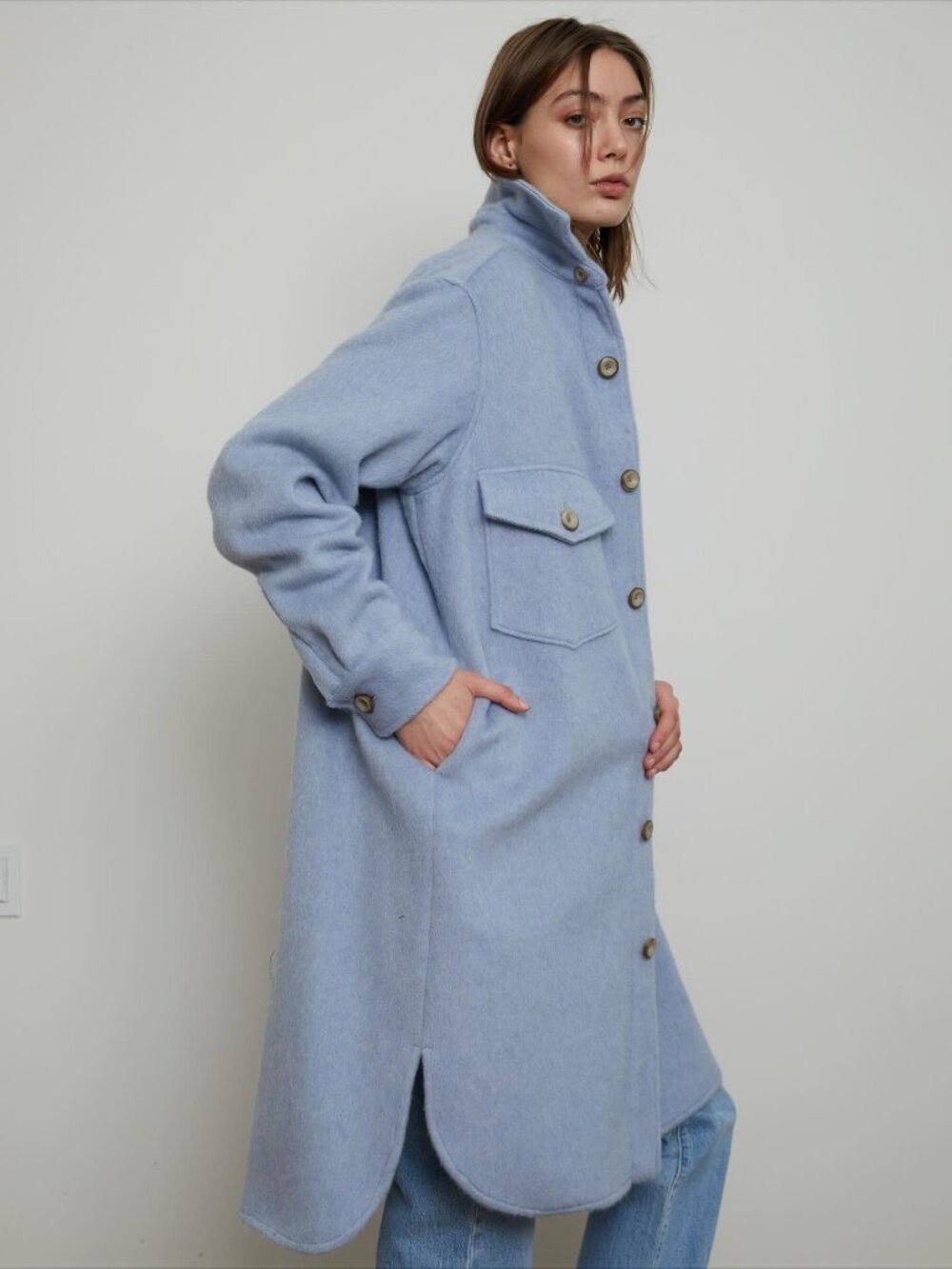 TUCK SHOP TRADING CO. Oversized Cottage Coat, wool blend, pale blue, sz M - Picture 2 of 8